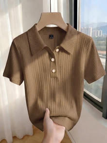 GlowEve 女士高弹白色针织罗纹 Polo 领珍珠纽扣装饰 T 恤，短袖 T 恤，翻领罗纹 T 恤，白色针织 T 恤，女士 Polo 衫，适合日常通勤、优雅派对和休闲家居服，春夏百搭 - 駝色 - 查看 5