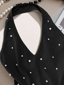 valorelle valorelle Petite Women's Halter Neck Black Knitted Top, Rhinestones Minimalist Luxury, Summer, 70's, Club, Party Disco Date Streetwear - Black - View 6