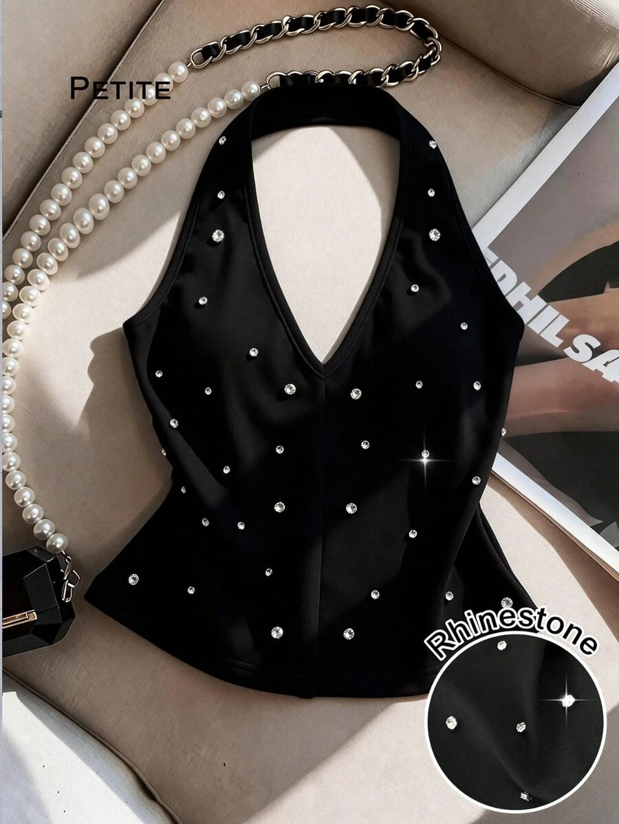 valorelle valorelle Petite Women's Halter Neck Black Knitted Top, Rhinestones Minimalist Luxury, Summer, 70's, Club, Party Disco Date Streetwear - Black - View 1