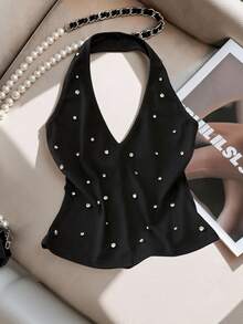 valorelle valorelle Petite Women's Halter Neck Black Knitted Top, Rhinestones Minimalist Luxury, Summer, 70's, Club, Party Disco Date Streetwear - Black - View 5