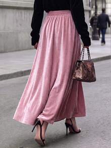 RosyDaze Falda maxi de terciopelo rosa claro casual para mujer, nueva llegada de otoño, adecuada para salidas y citas. - Rosa vieja - Ver 2