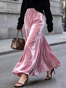 RosyDaze Falda maxi de terciopelo rosa claro casual para mujer, nueva llegada de otoño, adecuada para salidas y citas. - Rosa vieja - Ver 4