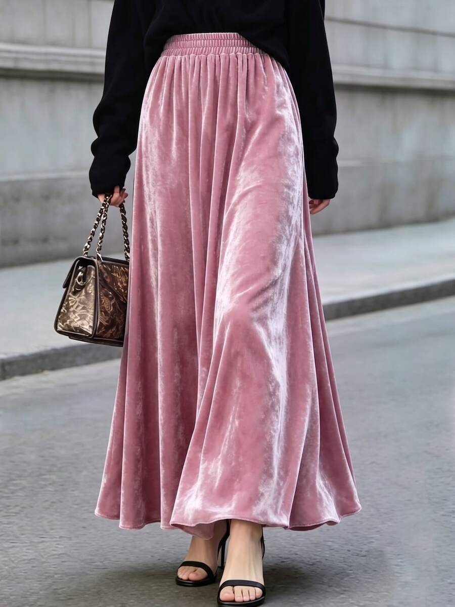RosyDaze Falda maxi de terciopelo rosa claro casual para mujer, nueva llegada de otoño, adecuada para salidas y citas. - Rosa vieja - Ver 1