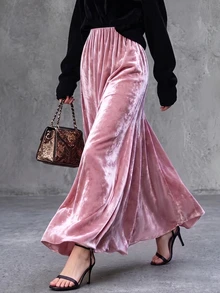 RosyDaze Falda maxi de terciopelo rosa claro casual para mujer, nueva llegada de otoño, adecuada para salidas y citas. - Rosa vieja - Ver 3