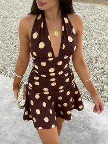 INAWLY Robe mini sexy à imprimé géométrique avec lien autour du cou pour femmes, pour les rendez-vous, les sorties, les vacances et les fêtes, à pois marron et blanc, été - Marron - Voir 4