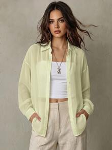 SHEIN Franclia 女款春夏新款時尚簡約優雅休閒防曬翻領萊姆綠百搭襯衫，適合辦公與度假 - 淡黃色 - 查看 1