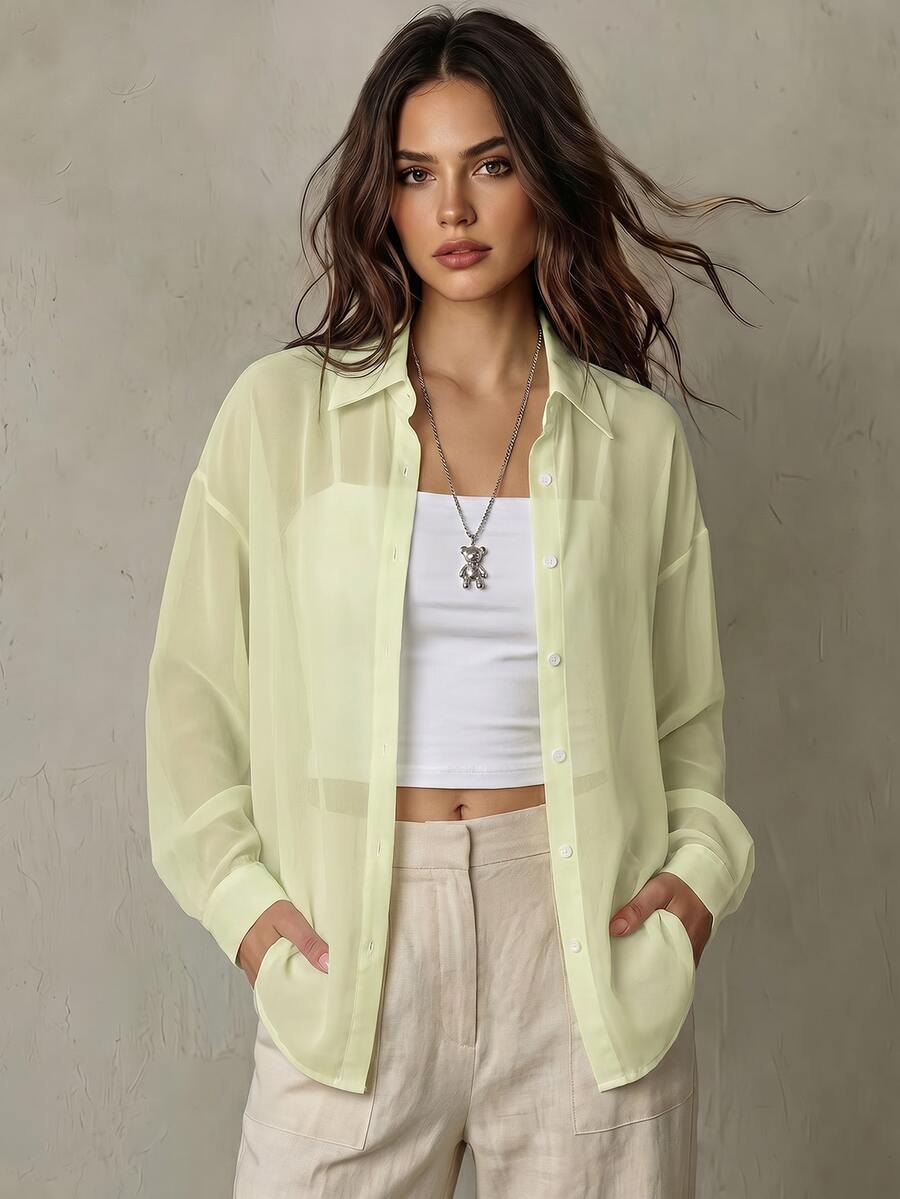 SHEIN Franclia 女款春夏新款時尚簡約優雅休閒防曬翻領萊姆綠百搭襯衫,適合辦公與度假 - 淡黃色 - 查看 1