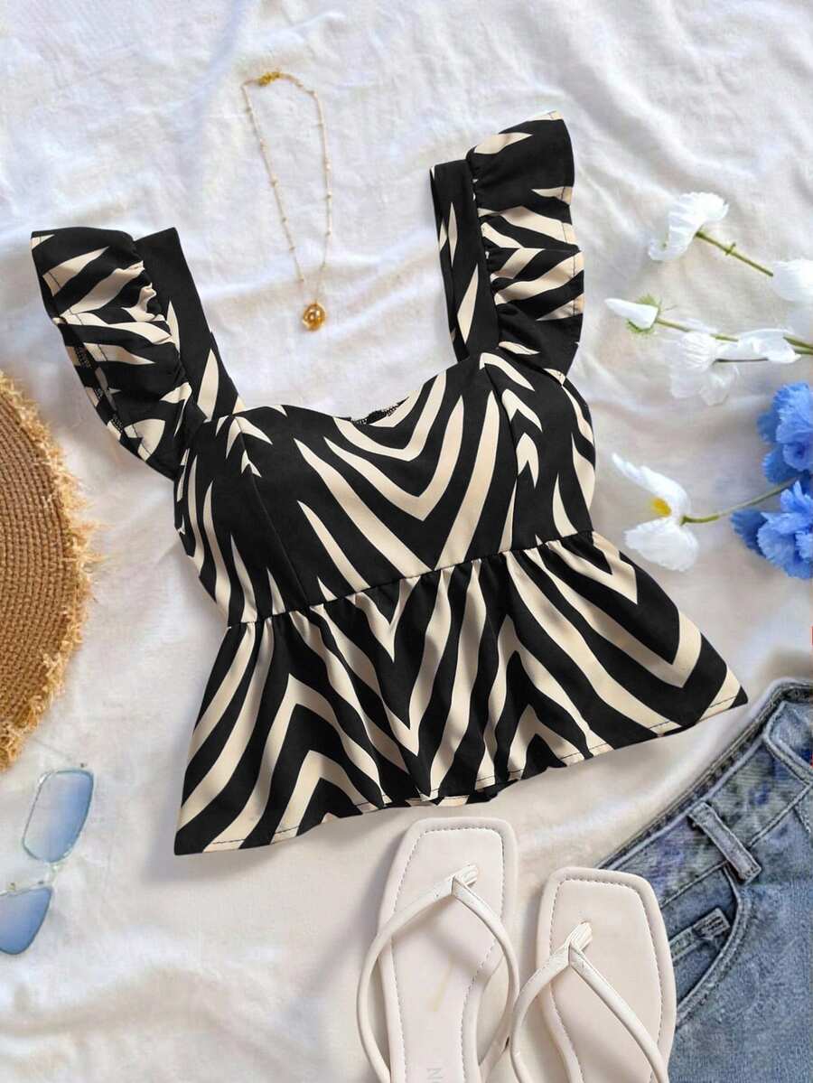 SHEIN Franclia 女士全印花褶皱休闲百搭日常上衣，荷叶袖设计，夏季可爱斑马纹露脐上衣，动物纹印花 - 黑色 - 查看 1