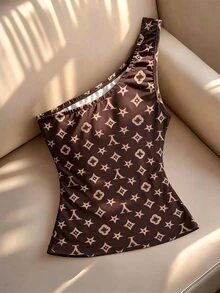Ritzy Row 女款單肩無袖背心，金屬扣飾裝飾，百搭修身，針織面料，日常百搭時尚款 - 彩色 - 查看 2