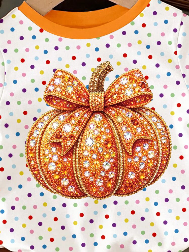 (1 Pc) Halloween Baby Girl Colorful Polka Dot Bottom Yellow Striped Cute Glitter Rhinestone Pumpkin Bow Pattern Basic Short T-Shirt - Multicolor - View 5