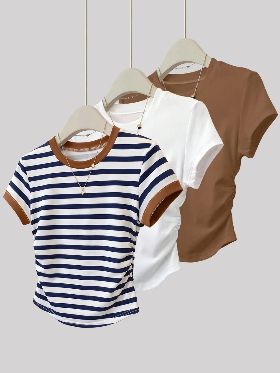 Lalippa 女款 T-Shirt 3 件組,休閒百搭短袖 T-Shirt,經典雙色條紋印花圖案,圖案設計,日常穿著,白色、咖啡色,時尚風格 - 彩色 - 查看 1
