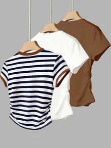 Lalippa 女款 T-Shirt 3 件組，休閒百搭短袖 T-Shirt，經典雙色條紋印花圖案，圖案設計，日常穿著，白色、咖啡色，時尚風格 - 彩色 - 查看 2