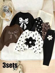 1 Set Random Young Girl Outfit Set,Animal Element Pattern Print Crew Neck Long Sleeve Ribbed Sweatshirt Paired  Matching Pattern Print Long Leggings