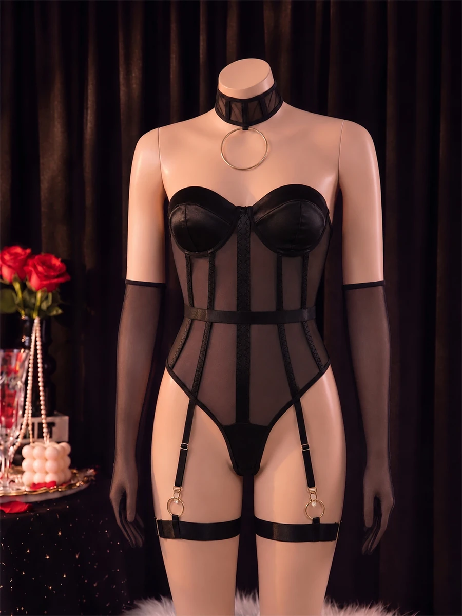 SHEIN 5件装黑色优雅性感女士连体衣 - 黑色 - 查看 1
