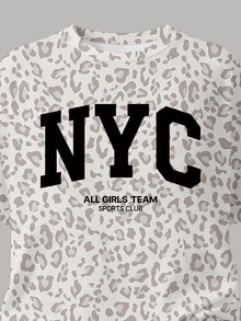 (1套) 夏/秋季女童休閒時尚簡約風 NYC 灰色豹紋基本款短袖T恤與寬腿褲 - 彩色 - 查看 7