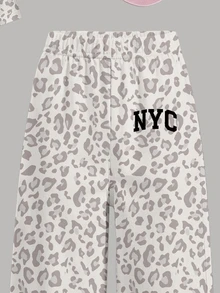 (1套) 夏/秋季女童休閒時尚簡約風 NYC 灰色豹紋基本款短袖T恤與寬腿褲 - 彩色 - 查看 5