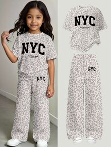 (1套) 夏/秋季女童休閒時尚簡約風 NYC 灰色豹紋基本款短袖T恤與寬腿褲 - 彩色 - 查看 1