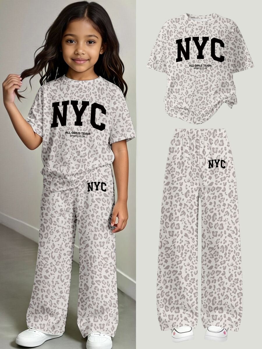 (1套) 夏/秋季女童休閒時尚簡約風 NYC 灰色豹紋基本款短袖T恤與寬腿褲 - 彩色 - 查看 1