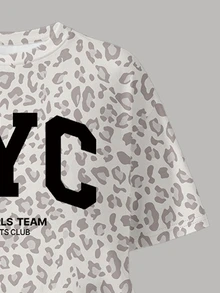 (1套) 夏/秋季女童休閒時尚簡約風 NYC 灰色豹紋基本款短袖T恤與寬腿褲 - 彩色 - 查看 6