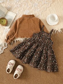 SHEIN 女嬰長袖單排扣牛仔外套與碎花洋裝套裝 - 棕色 - 查看 2