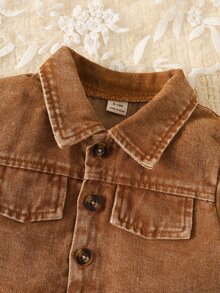 SHEIN 女嬰長袖單排扣牛仔外套與碎花洋裝套裝 - 棕色 - 查看 4