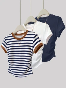 Resyla Women's T-Shirt, 3-Piece Set, Casual Versatile Short Sleeve T-Shirt, Classic Dual-Color Striped Print Pattern, Pattern Design, Daily Wear, White, Navy Blue, Style - Multicolor - View 1