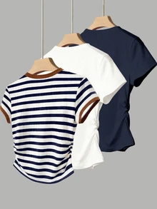 Resyla Women's T-Shirt, 3-Piece Set, Casual Versatile Short Sleeve T-Shirt, Classic Dual-Color Striped Print Pattern, Pattern Design, Daily Wear, White, Navy Blue, Style - Multicolor - View 2