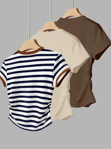 Resyla Women's T-Shirt, 3-Piece Set, Casual Versatile Short Sleeve T-Shirt, Classic Dual-Color Striped Print Pattern, Pattern Design, Daily Wear, Apricot, Mocha Brown, Style - Multicolor - View 2