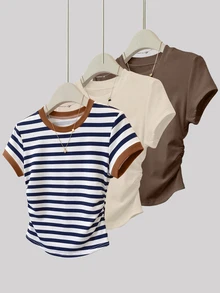 Resyla Women's T-Shirt, 3-Piece Set, Casual Versatile Short Sleeve T-Shirt, Classic Dual-Color Striped Print Pattern, Pattern Design, Daily Wear, Apricot, Mocha Brown, Style - Multicolor - View 1