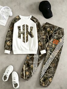Tween Boys Fall Camo Print Crew Neck Sweatshirt & Jogger Pants Set, Casual Autumn Outfit - Multicolor - View 4