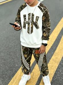 Tween Boys Fall Camo Print Crew Neck Sweatshirt & Jogger Pants Set, Casual Autumn Outfit - Multicolor - View 3