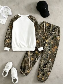Tween Boys Fall Camo Print Crew Neck Sweatshirt & Jogger Pants Set, Casual Autumn Outfit - Multicolor - View 2