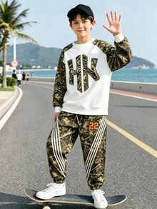 Tween Boys Fall Camo Print Crew Neck Sweatshirt & Jogger Pants Set, Casual Autumn Outfit - Multicolor - View 1