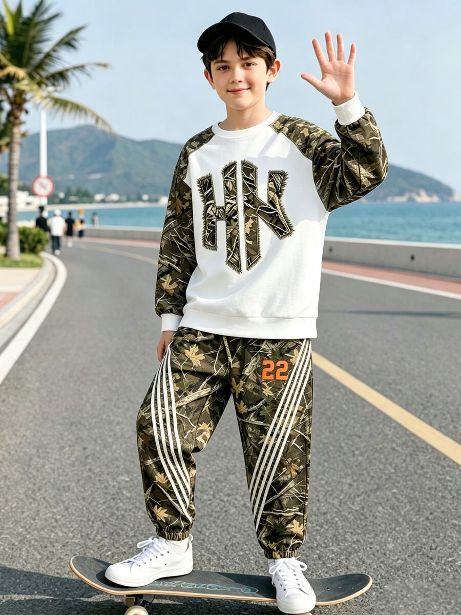 Tween Boys Fall Camo Print Crew Neck Sweatshirt & Jogger Pants Set, Casual Autumn Outfit - Multicolor - View 1