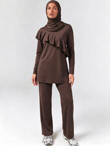 SHEIN Unity Modest Muslim Sports Outfit 3Pcs Ruffle Long Sleeve Active Set - Coffee Brown - View 7