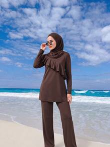 SHEIN Unity Modest Muslim Sports Outfit 3Pcs Ruffle Long Sleeve Active Set - Coffee Brown - View 6