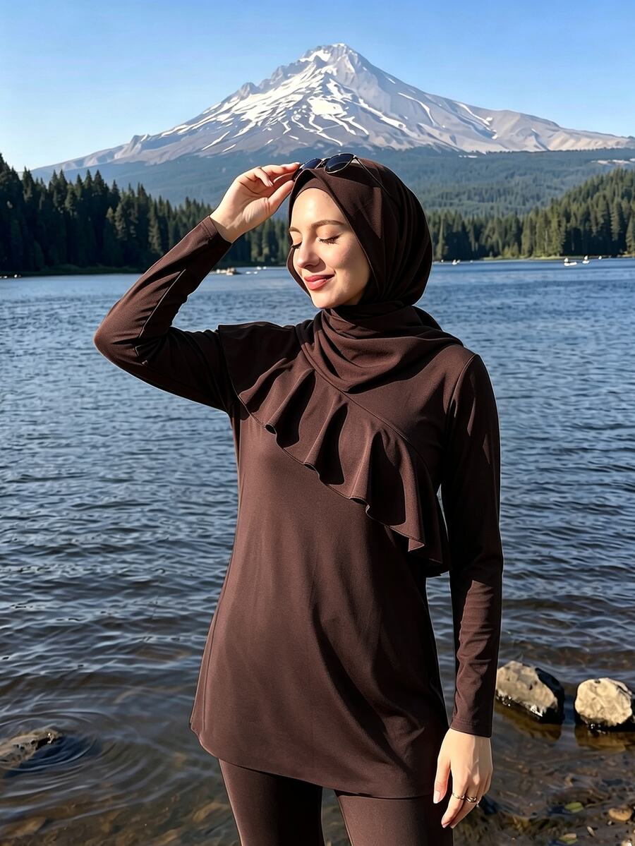 SHEIN Unity Modest Muslim Sports Outfit 3Pcs Ruffle Long Sleeve Active Set - Coffee Brown - View 1