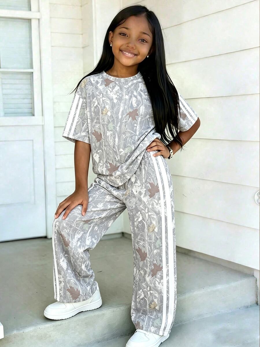 Autumn Girls Toddler Casual Fashion Branch & Leaf Patchwork White Striped Pattern Basic Short T-Shirt & Branch & Leaf Patchwork White Striped Wide Leg Pants Set - Multicolor - View 1