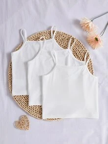 3件組女童蕾絲飾邊領口蝴蝶結裝飾前襟背心內衣套裝，簡約疊穿單品，適合秋冬 - 白色 - 查看 2