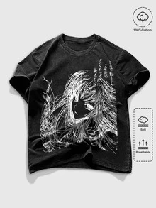 ROMWE MEN Goth Men's Summer Casual Cartoon Print T-Shirt - Black - View 4
