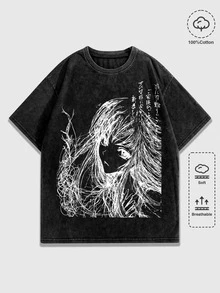 ROMWE MEN Goth Men's Summer Casual Cartoon Print T-Shirt - Black - View 1