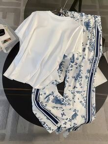 Resyla Plus Size Women's Casual Vacation & Commute Plant & Letter Print Short Sleeve T-Shirt And Drawstring Waist Long Pants Set, Spring/Summer/Autumn - Multicolor - View 2