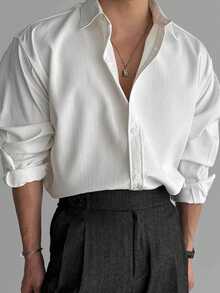 Marvello Homme 男士純色長袖單排扣休閒/商務襯衫 男士白色長袖襯衫 男士翻領襯衫 白色襯衫 正裝 - 白色 - 查看 3