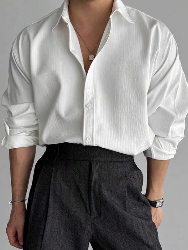 Manfinity Hypemode Men's Solid Color Long Sleeve Single-Breasted Casual/Business Shirt Men White Long Sleeve Shirt Men Turndown Collar Shirt White Shirt, Formal
