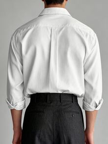 Marvello Homme 男士純色長袖單排扣休閒/商務襯衫 男士白色長袖襯衫 男士翻領襯衫 白色襯衫 正裝 - 白色 - 查看 2