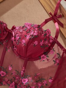 Myrelith 2pcs Set Bra dan Celana Dalam Berkawat Bordir Mawar Burgundy untuk Wanita - Burgundy - View 3