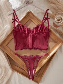 Myrelith 2pcs Set Bra dan Celana Dalam Berkawat Bordir Mawar Burgundy untuk Wanita - Burgundy - View 2