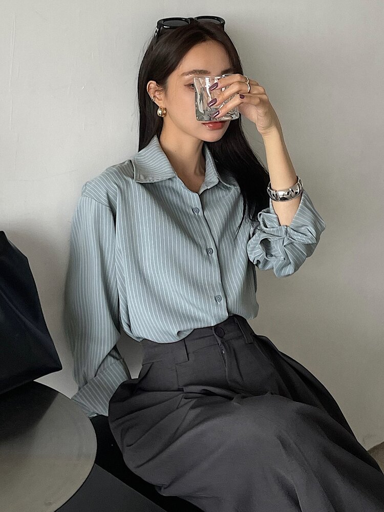 DAZY Women's Loose Striped Casual/School Shirt Preppy Tops,Fall Women Clothes Long Sleeve Top - Dusty Blue - View 10
