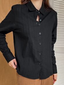 DAZY Casual Long Sleeve Women Blouse, Solid Color Textured Loose Fit,Long Sleeve Tops,Fall Clothes - Black - View 5