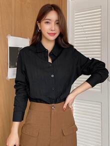 DAZY Casual Long Sleeve Women Blouse, Solid Color Textured Loose Fit,Long Sleeve Tops,Fall Clothes - Black - View 8